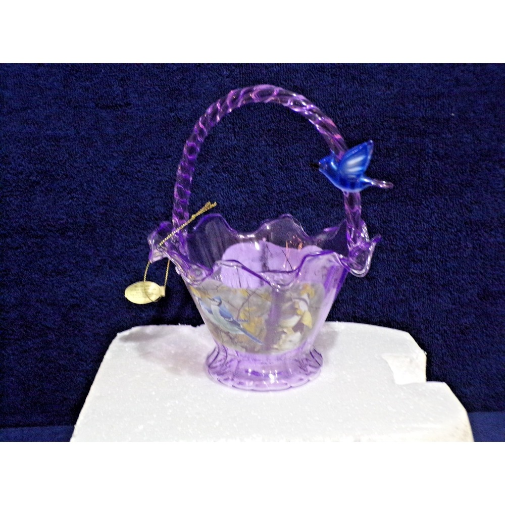 Bradford Exchange Hand Blown Art Glass‎ Deco Basket "Blue Jay Melody" 2013
